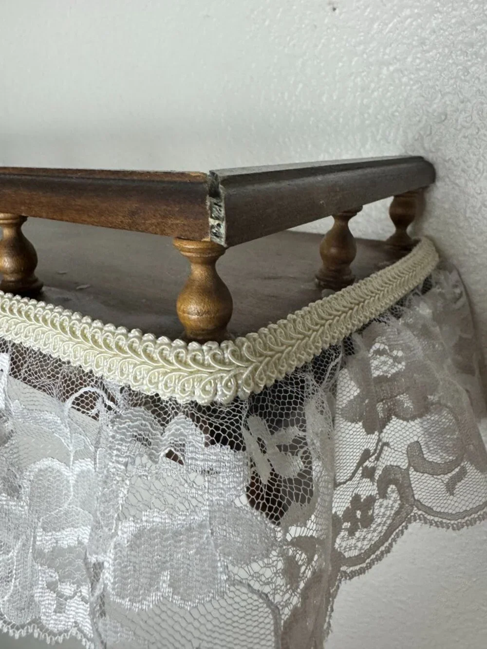 Vintage Farmhouse Wooden Wall Shelf with Lace Trim Cottage Chic Display Shelf